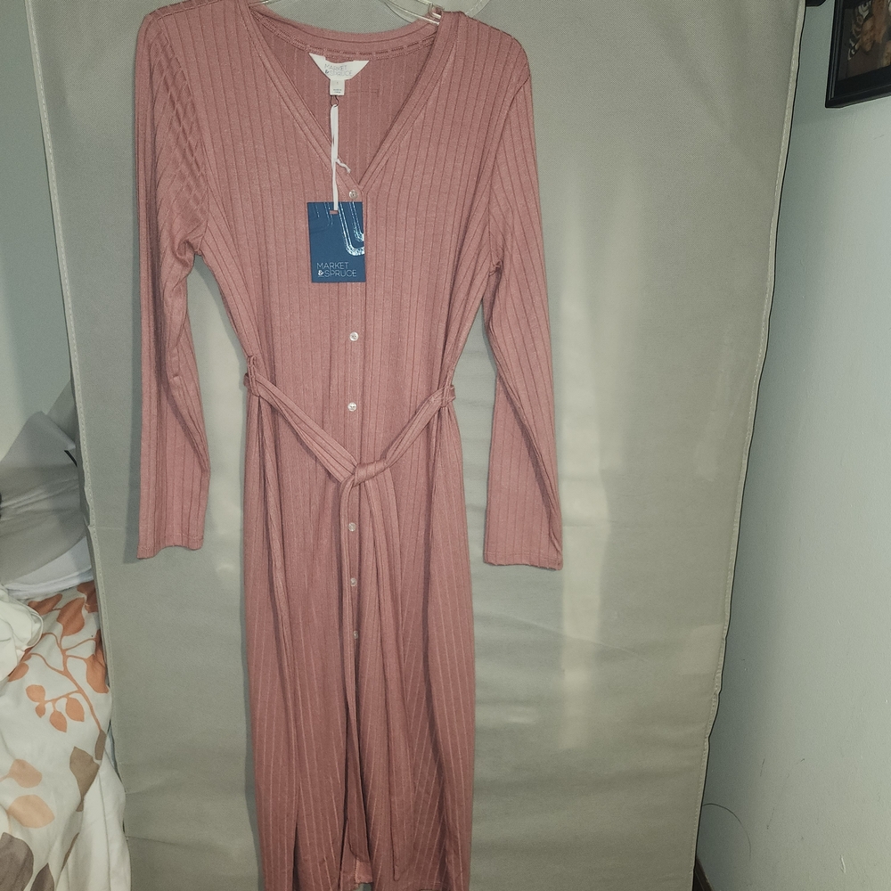 Market & Spruce Rose Ribbed Button‑Front Long Sleeve Maxi Dress